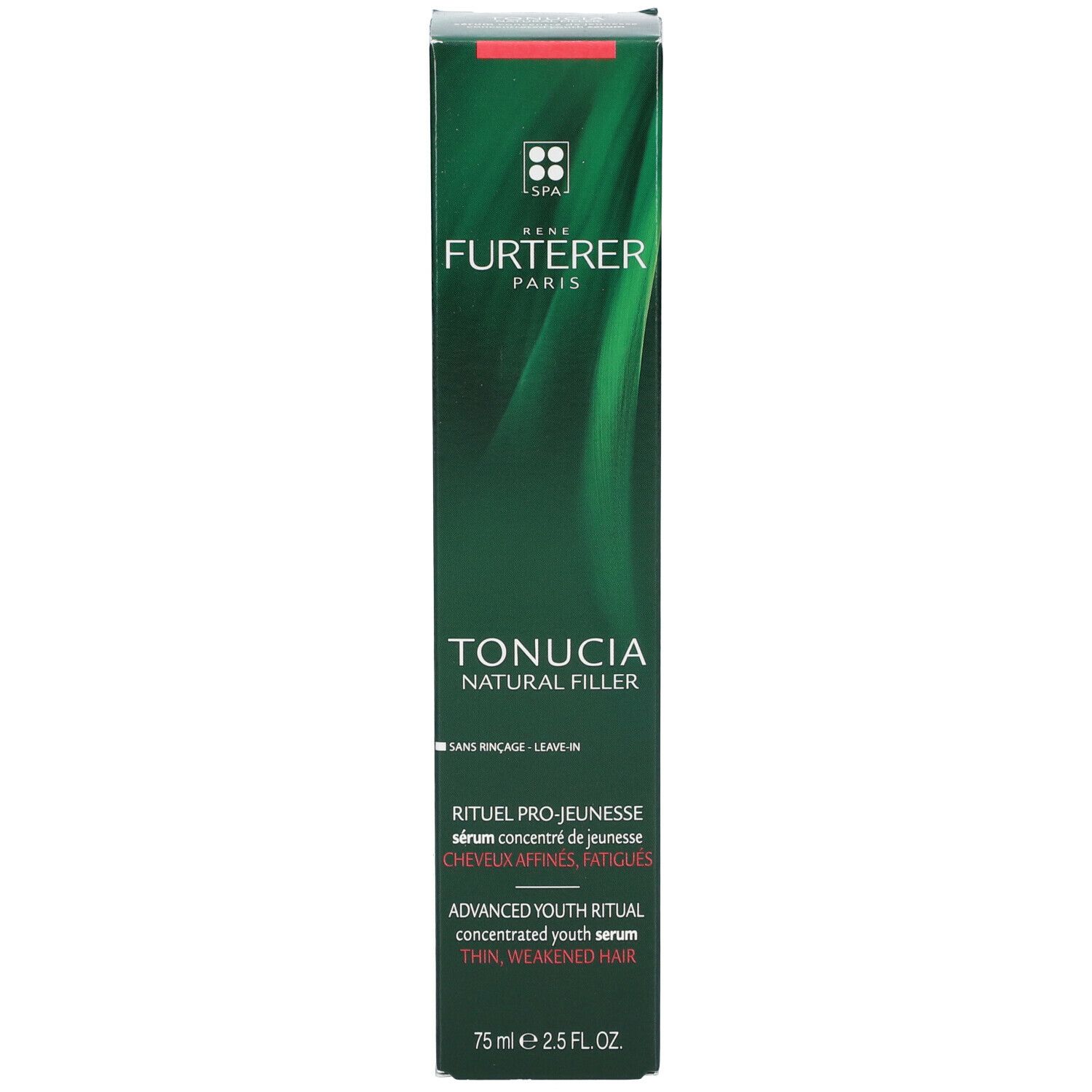 Emballage vert. Inscription : RENE FURTERER TONUCIA NATURAL FILLER. Texte multilingue.