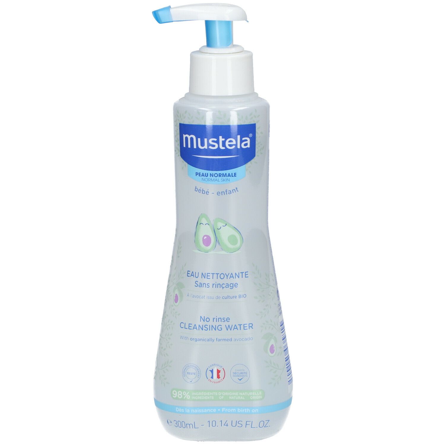 Mustela Eau nettoyante pour peau normale. Flacon avec pompe. Inscription: Eau nettoyante sans rinçage, No rinse cleansing water.