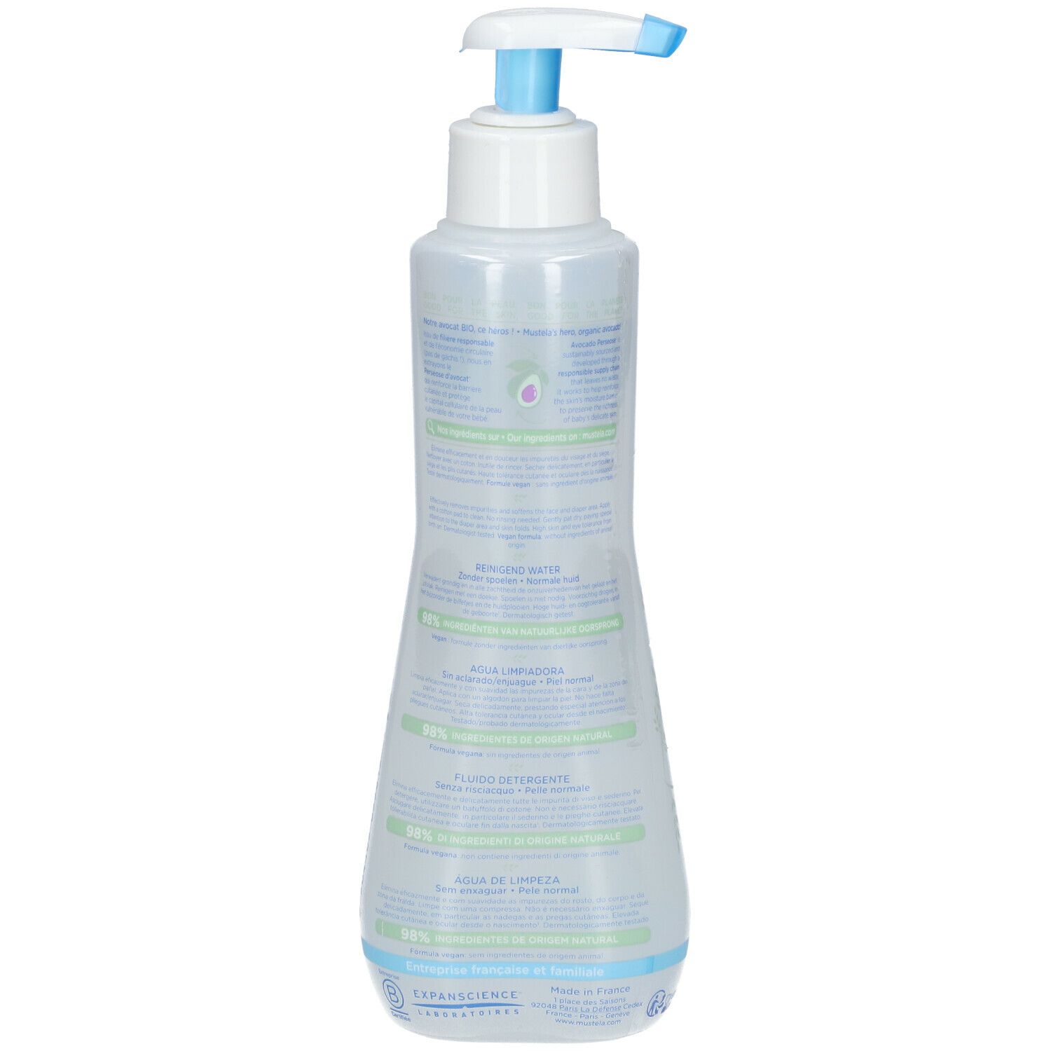 Dos du flacon Mustela Eau nettoyante. Texte en plusieurs langues. Informations sur les ingrédients et l'utilisation.