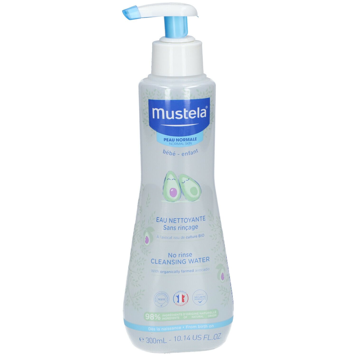 Mustela Eau nettoyante pour peau normale. Flacon avec pompe. Inscription: Eau nettoyante sans rinçage, No rinse cleansing water.