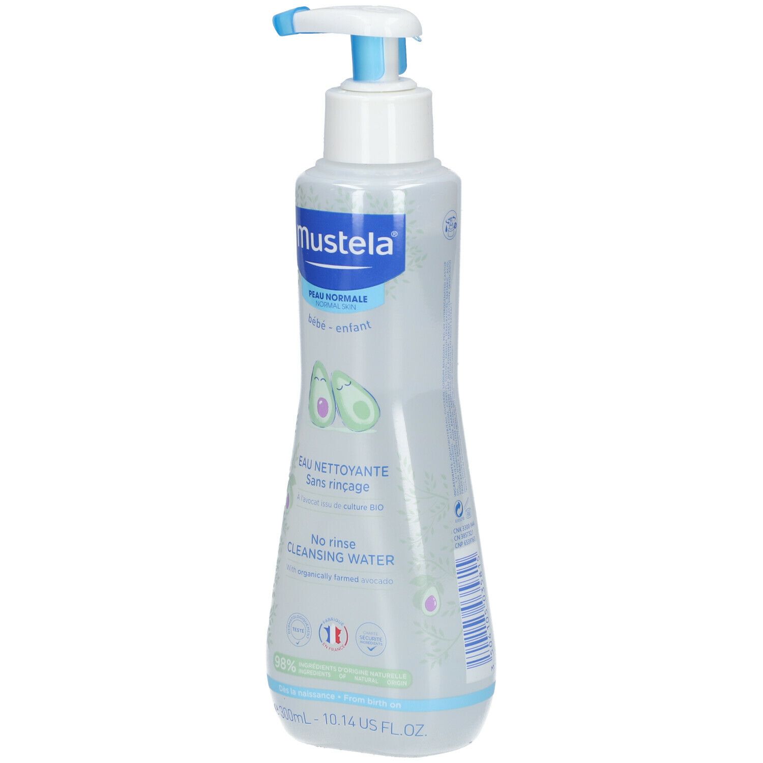 Mustela Eau nettoyante pour peau normale. Flacon avec pompe. Inscription: Eau nettoyante sans rinçage, No rinse cleansing water.