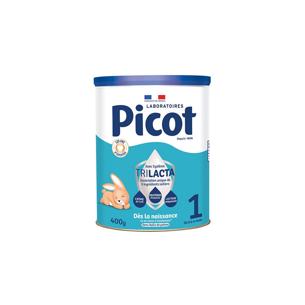 Boîte bleue Picot 1er âge. Illustration lapin. Contient Trilacta. 400g. Dès la naissance.