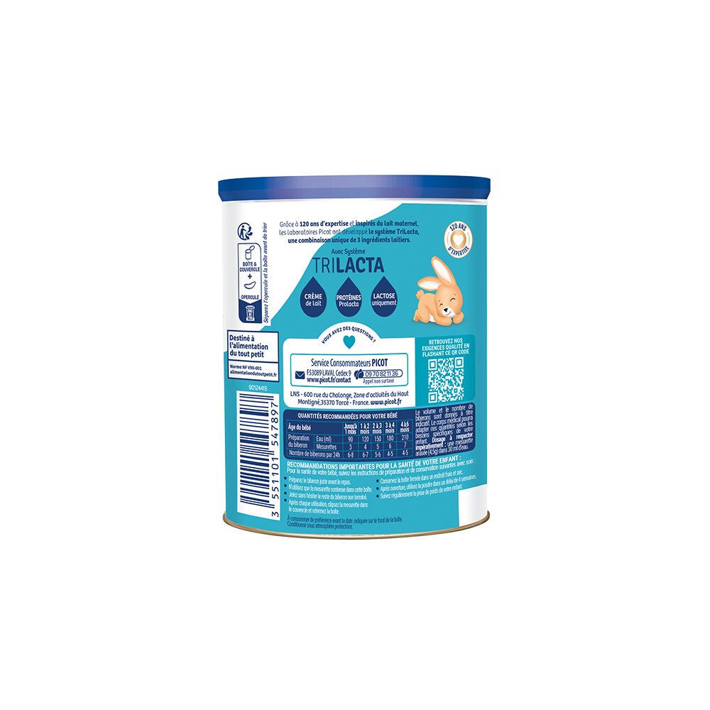 Côté de la boîte Picot 1er âge. Informations Trilacta et contact. Texte bleu.