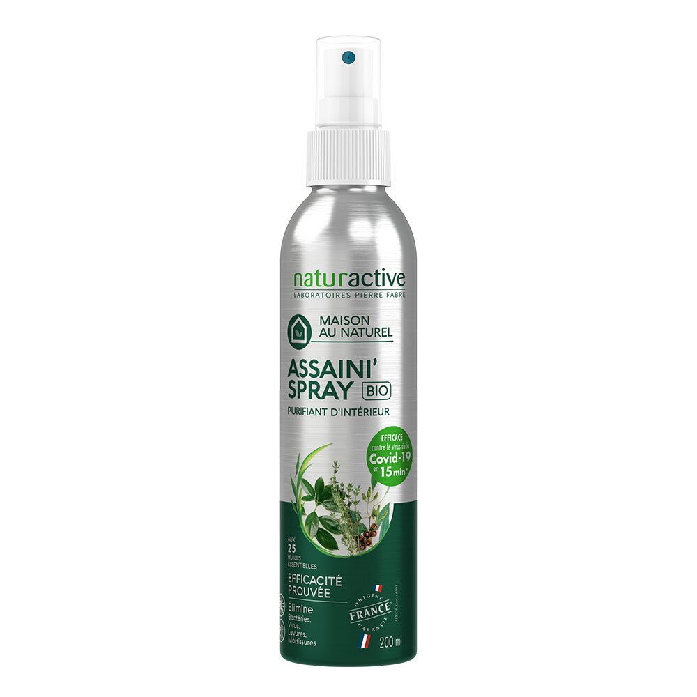 Flacon spray argenté, bouchon blanc. Texte: ASSAINI' SPRAY BIO, 200 ml. Détails d'étiquette verts et blancs.