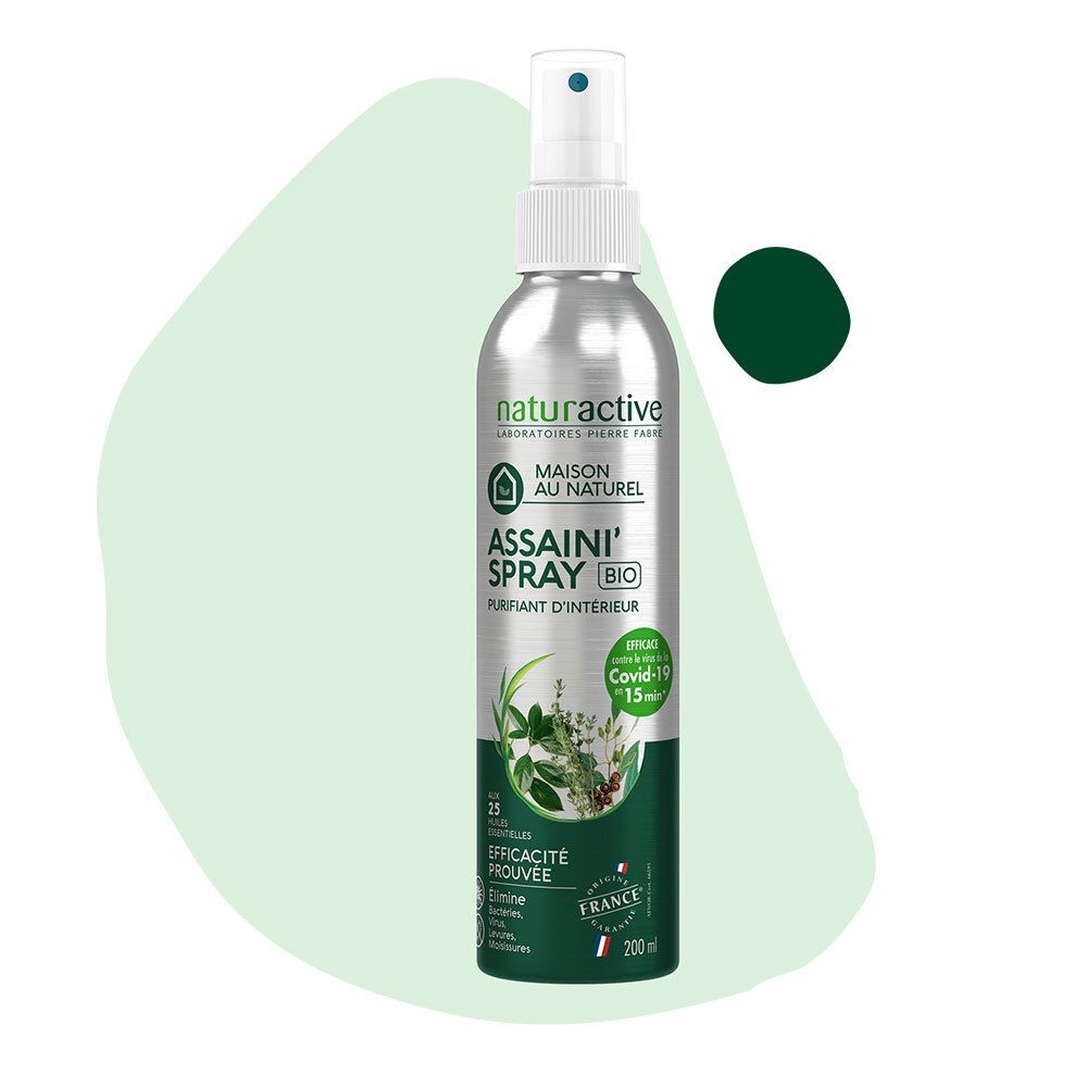 Flacon spray argenté, bouchon blanc. Texte: ASSAINI' SPRAY BIO. Fond vert avec taches vertes.