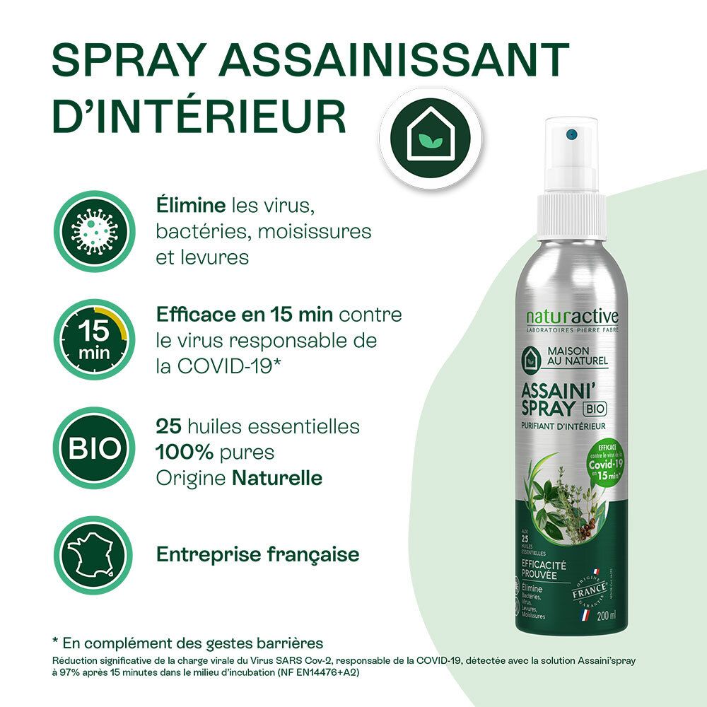 Infographie. Texte: SPRAY ASSAINISSANT D'INTÉRIEUR. Avantages et caractéristiques du produit. Flacon illustré.