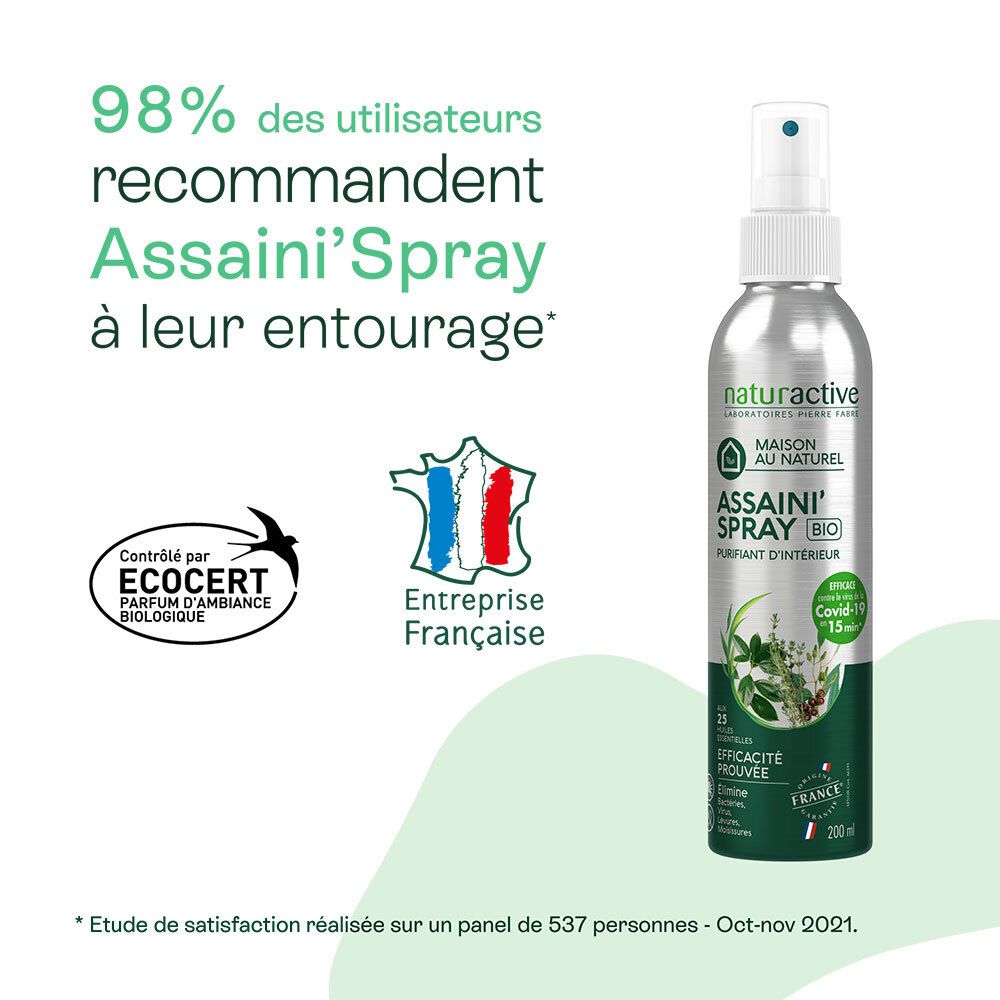Flacon spray et texte. Texte: 98% des utilisateurs recommandent Assaini'Spray. Certification éco.
