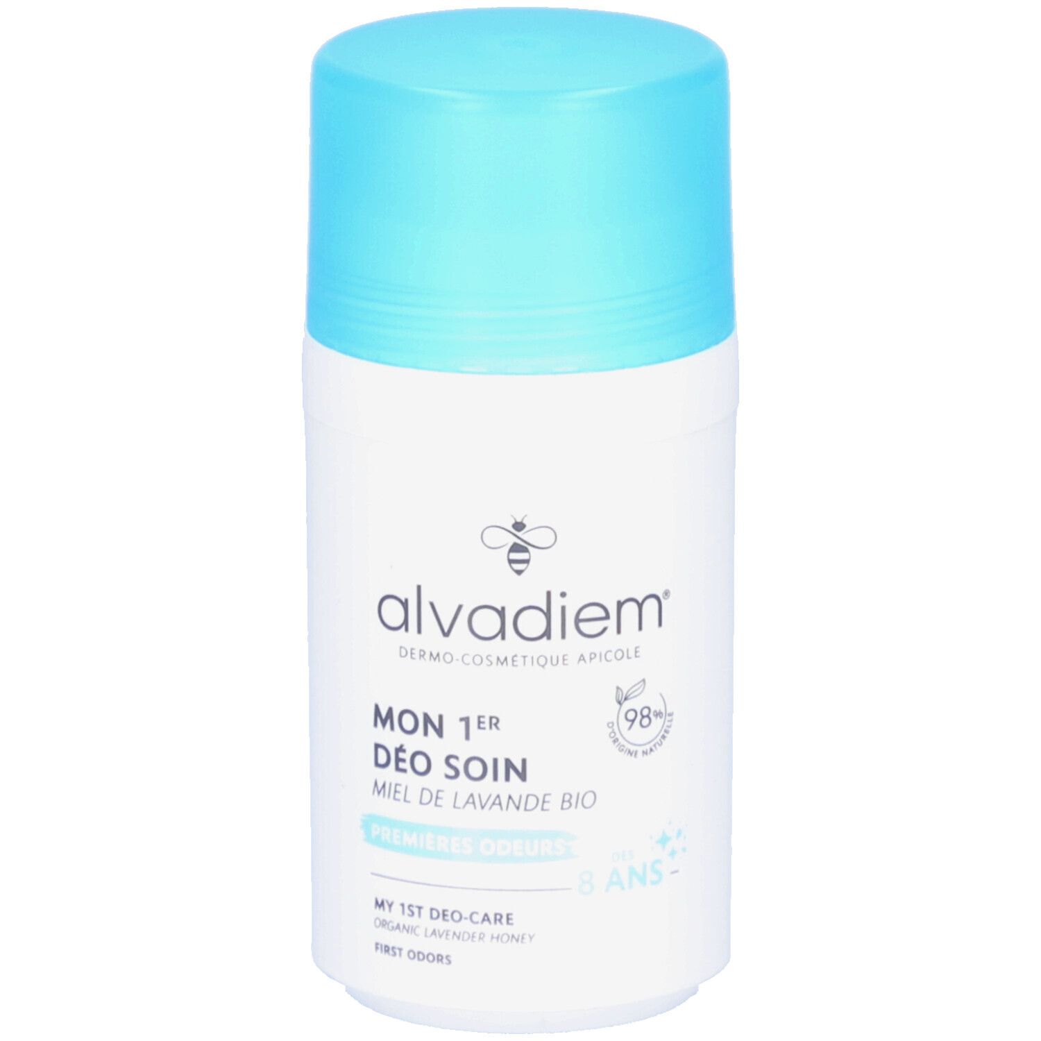 Witte deodorantroller met lichtblauwe dop. Opschrift: alvadiem, MON 1er DÉO SOIN, MIEL DE LAVANDE BIO. 98% natuurlijke ingrediënten.