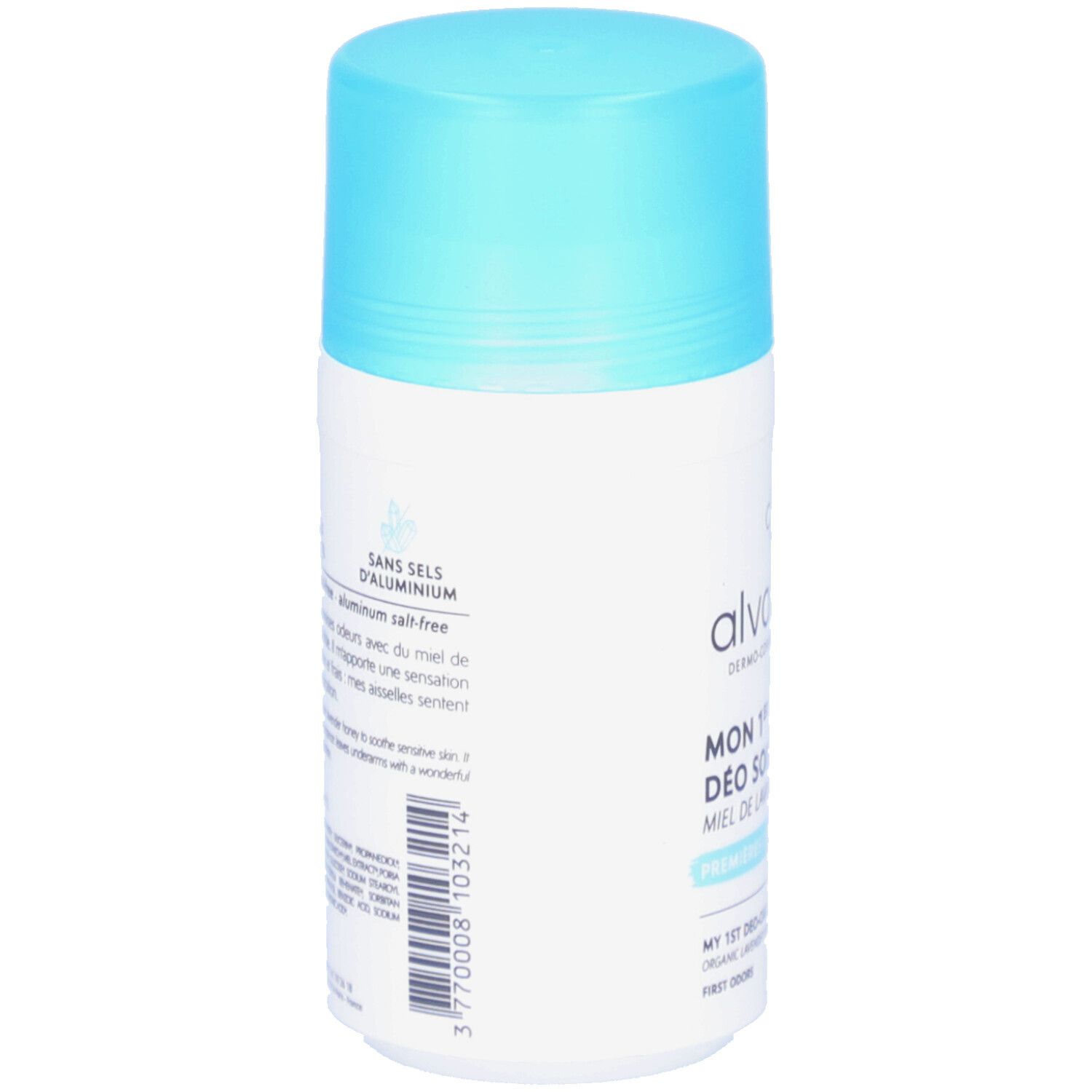 Achterkant van de deodorantroller. Opschrift: SANS SELS D'ALUMINIUM, alvadiem, MON 1er DÉO SOIN. Tekst over aluminiumvrije formule en honing.