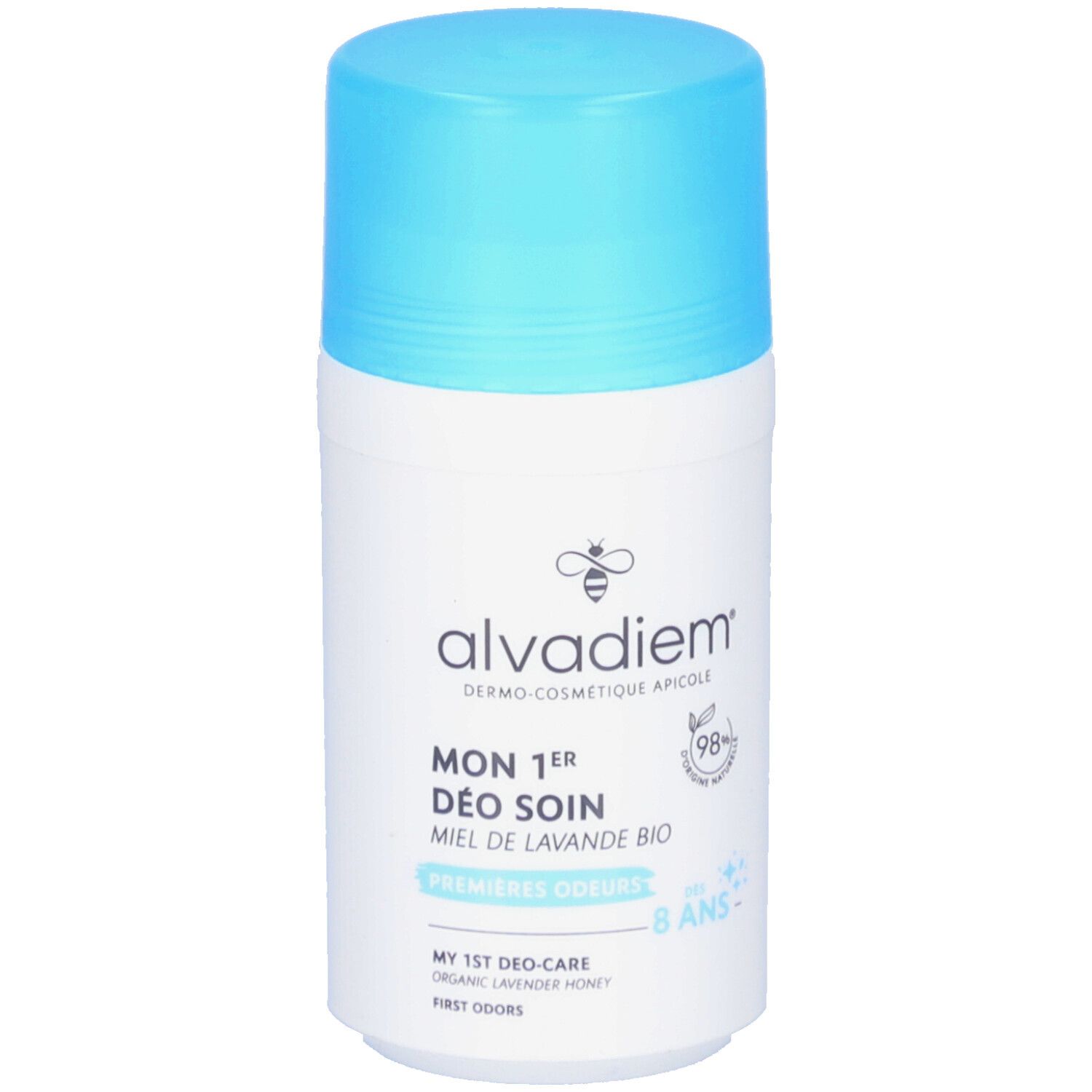 Witte deodorantroller met lichtblauwe dop. Opschrift: alvadiem, MON 1er DÉO SOIN, MIEL DE LAVANDE BIO. 98% natuurlijke ingrediënten.