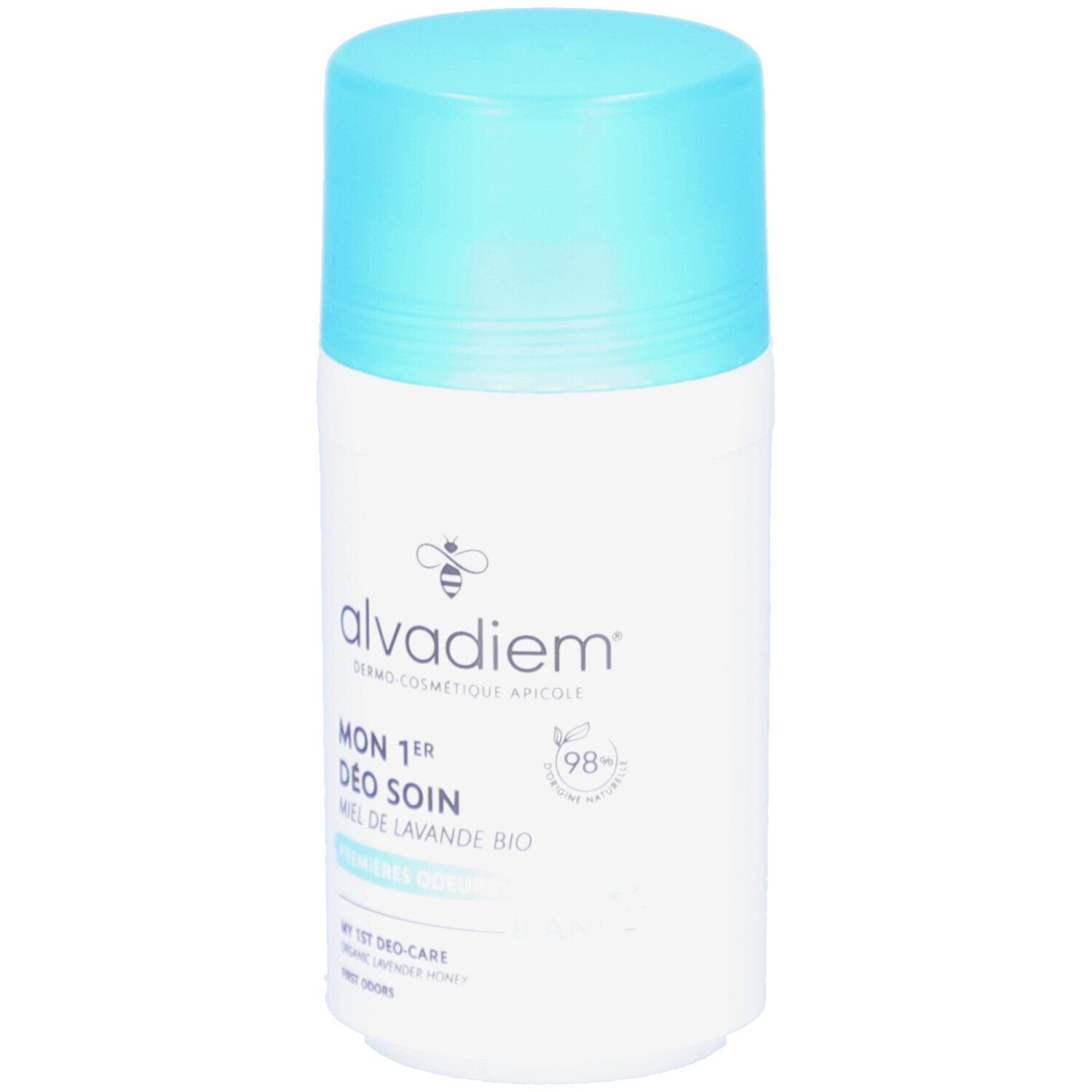 Witte deodorantroller met lichtblauwe dop. Opschrift: alvadiem, MON 1er DÉO SOIN, MIEL DE LAVANDE BIO. 98% natuurlijke ingrediënten.
