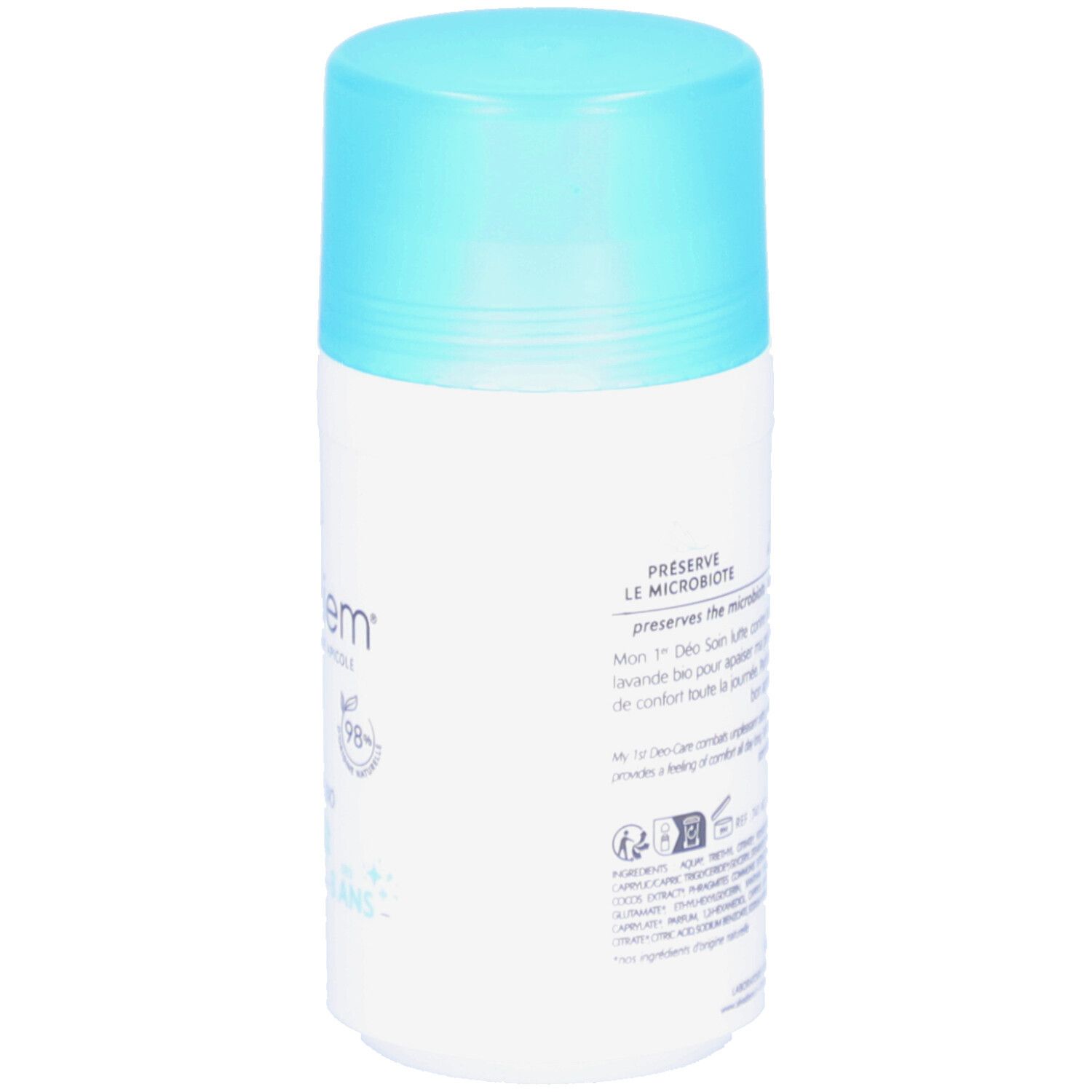 Achterkant van de deodorantroller. Opschrift: PRESERVE LE MICROBIOTE. Tekst over het behoud van de microbiota en ingrediënten.
