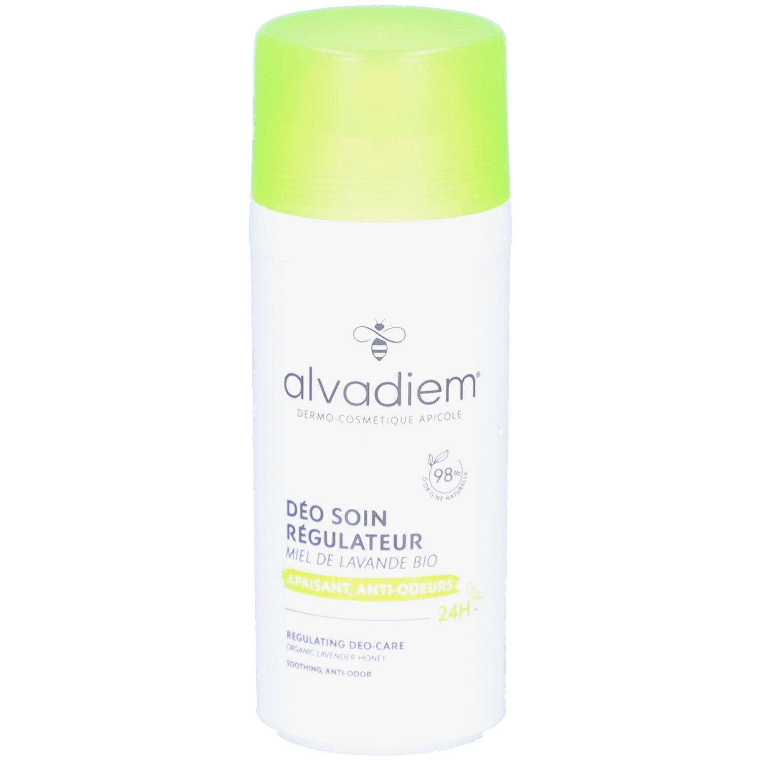 Déodorant blanc avec bouchon vert. Inscriptions: alvadiem, Déo Soin Régulateur, Miel de Lavande Bio. 98% naturel. 24H.