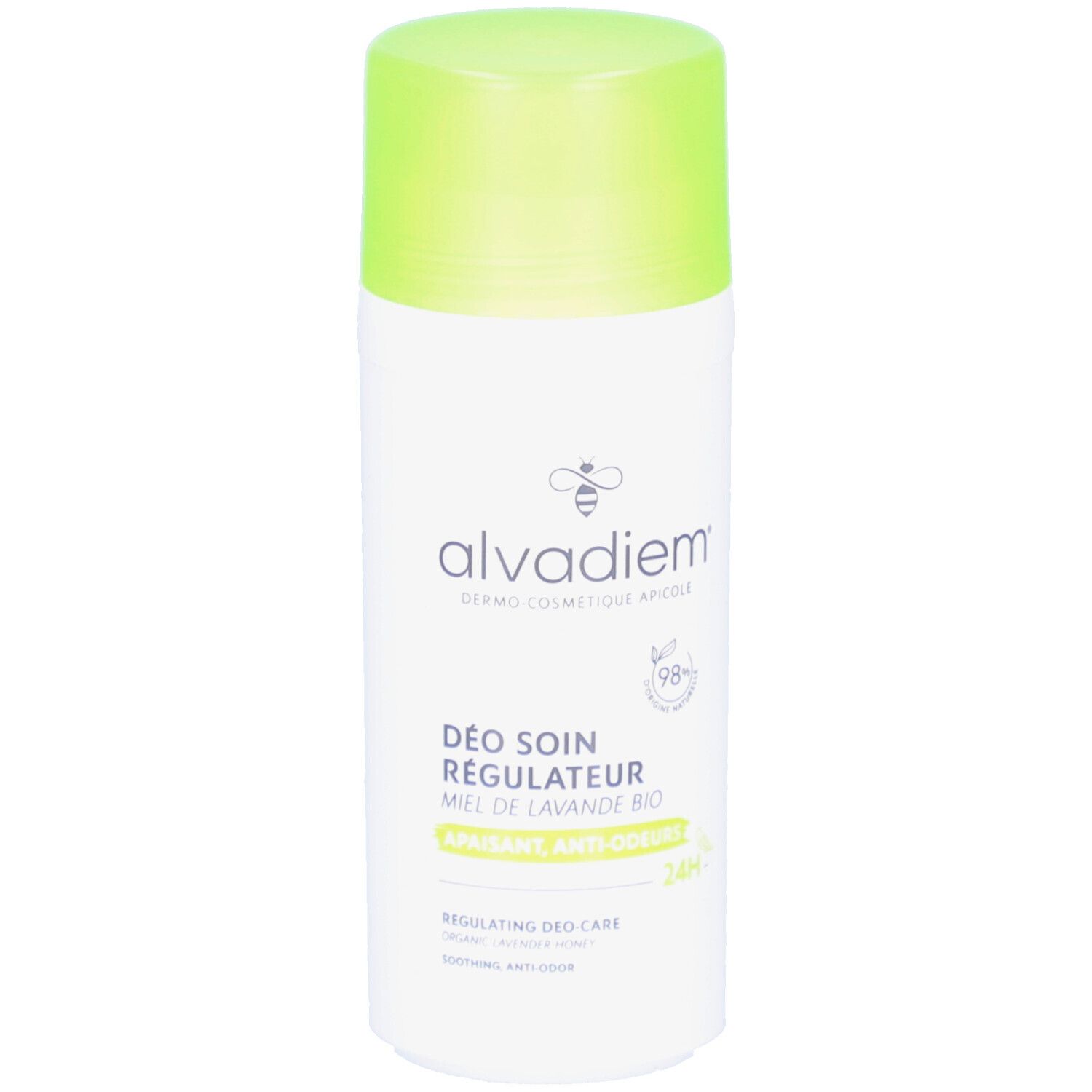 Déodorant blanc avec bouchon vert. Inscriptions: alvadiem, Déo Soin Régulateur, Miel de Lavande Bio. 98% naturel. 24H.