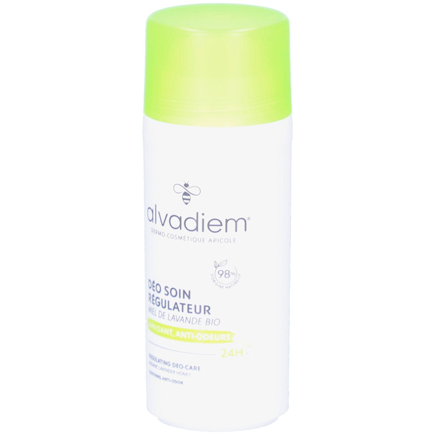 Déodorant blanc avec bouchon vert. Inscriptions: alvadiem, Déo Soin Régulateur, Miel de Lavande Bio. 98% naturel. 24H.