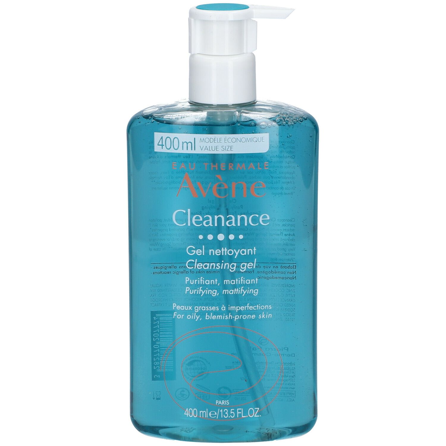 Flacon turquoise avec pompe blanche. Inscription: Avene Cleanance, Gel Nettoyant, 400ml.