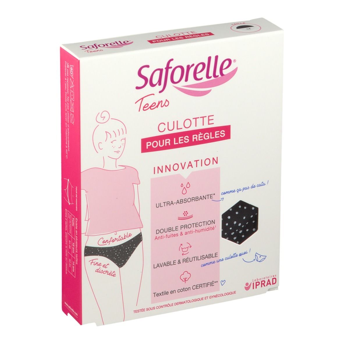 Verpakking Saforelle Teens Culotte. Roze en wit. Opschrift: Ultra-absorberend, dubbele bescherming, wasbaar en herbruikbaar.