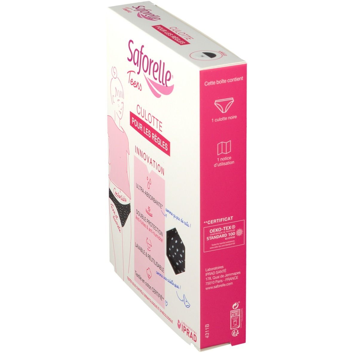 Zijaanzicht van de Saforelle Teens Culotte verpakking. Roze en wit. Met productillustratie en certificeringslogo.