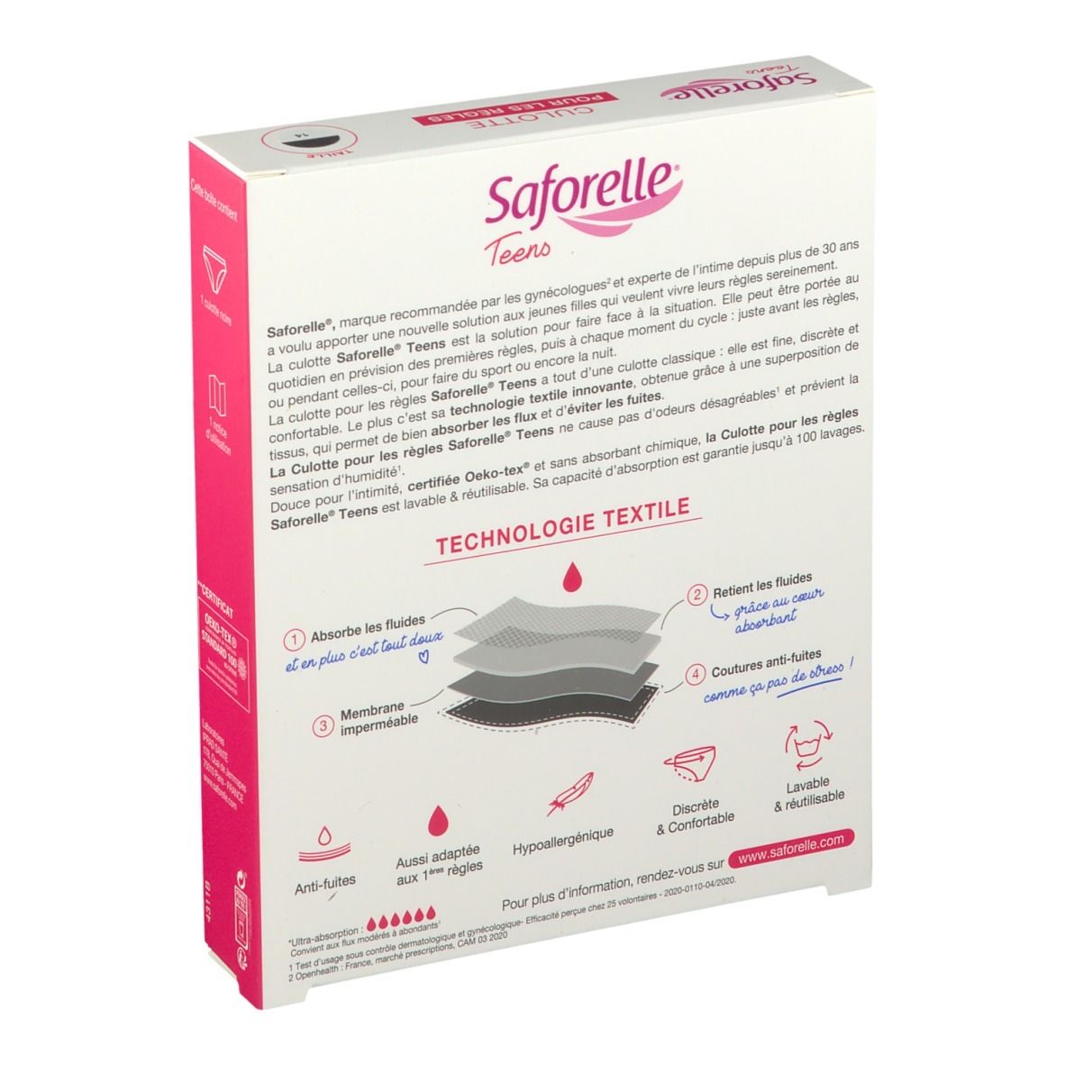 Achterkant van de Saforelle Teens Culotte verpakking. Tekst over de technologie en kenmerken van het product. Meerlagige weergave.
