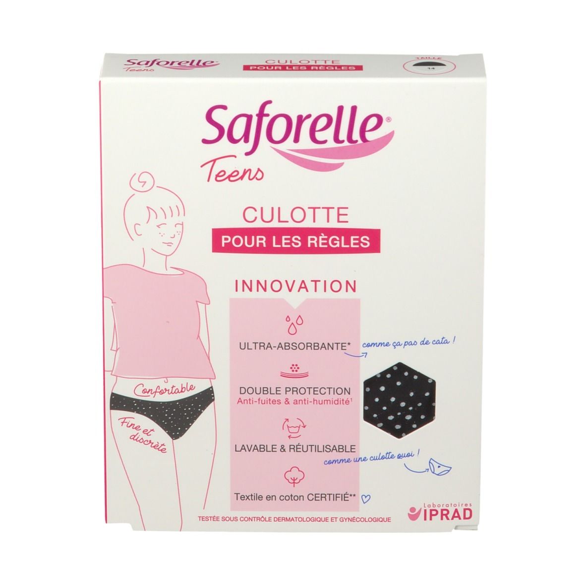 Verpakking Saforelle Teens Culotte. Roze en wit. Opschrift: Ultra-absorberend, dubbele bescherming, wasbaar en herbruikbaar.