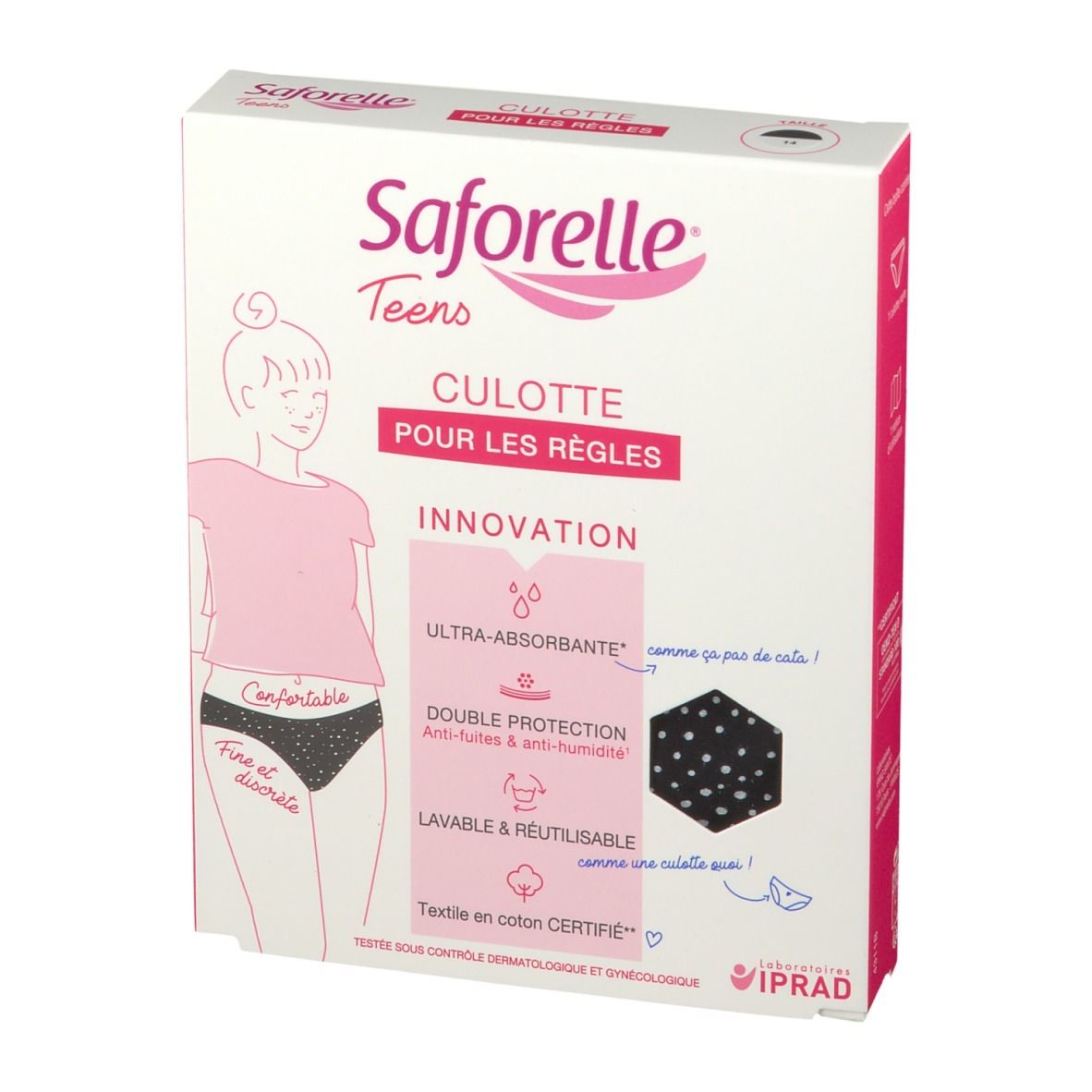 Verpakking Saforelle Teens Culotte. Roze en wit. Opschrift: Ultra-absorberend, dubbele bescherming, wasbaar en herbruikbaar.
