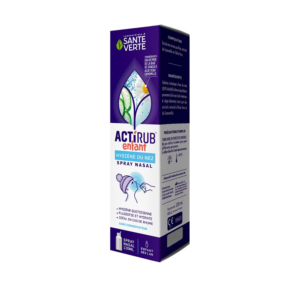 Santé Verte ActiRub® Enfants neusspray. Paarse fles en verpakking. Bevat aloë vera en kamille. CE-markering.