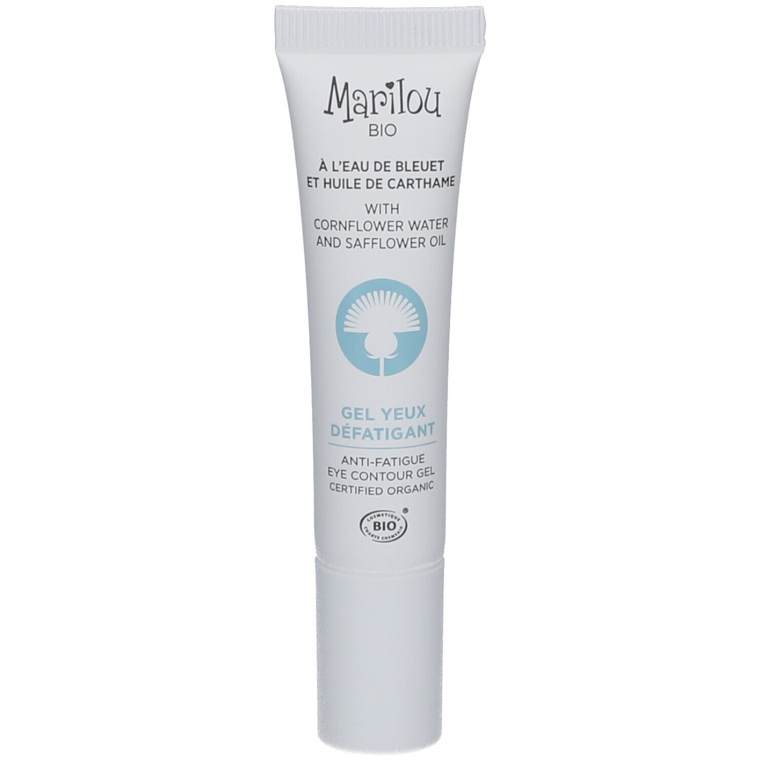 Witte tube met tekst: Marilou Bio, Gel Yeux Defatigant. Bio-gecertificeerd. Bevat korenbloemwater en saffloerolie.