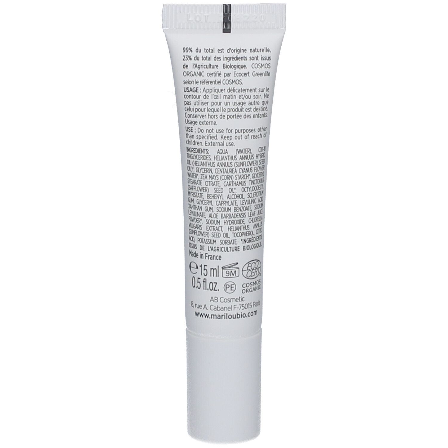 Achterkant van de tube. Ingrediënten, 15 ml, bio-certificering. Informatie over samenstelling en gebruik.
