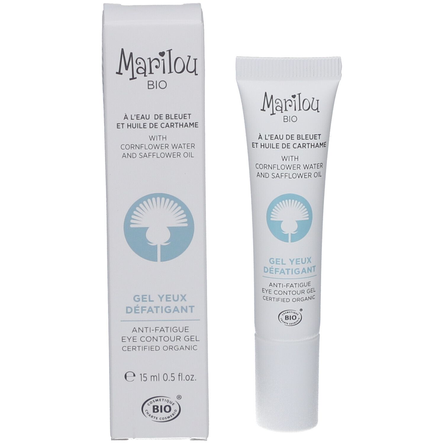 Product en verpakking. Tube en doos met tekst: Marilou Bio, Gel Yeux Defatigant. Bio-certificering.