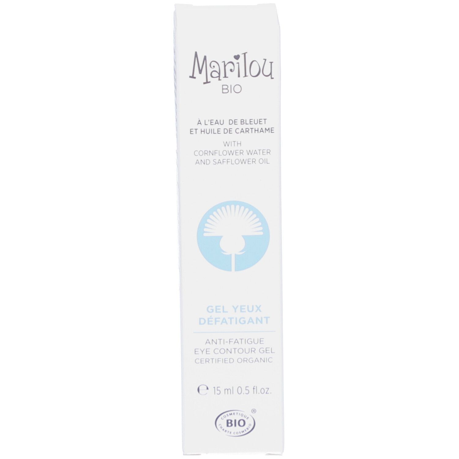 Witte doos met tekst: Marilou Bio, Gel Yeux Defatigant. Bio-certificering. 15 ml.