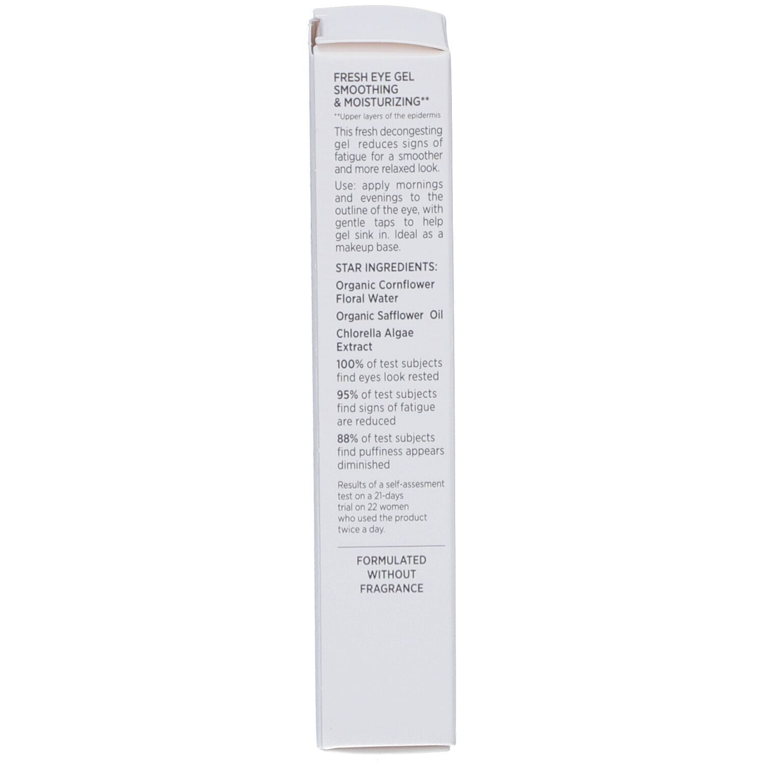 Achterkant van de doos. Tekst: beschrijving, ingrediënten, gebruik. Zonder parfum. 100% van de ingrediënten van natuurlijke oorsprong.