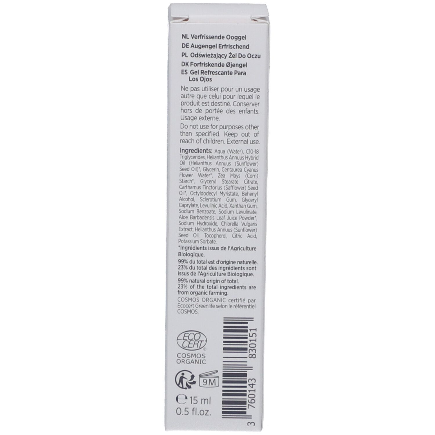 Zijkant van de doos. Tekst: meertalige benamingen, ingrediënten, bio-certificering, 15 ml.