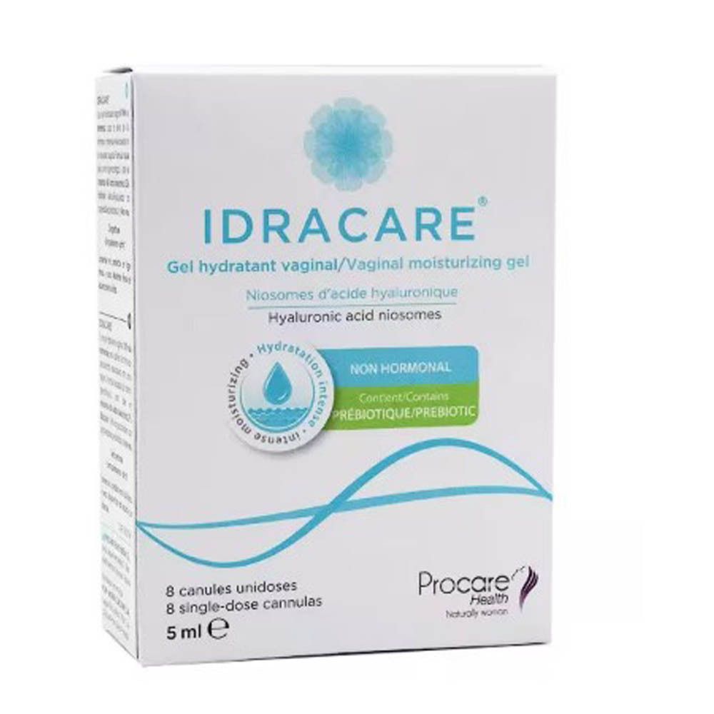 Boîte de gel hydratant vaginal IDRACARE. Contient des niosomes d'acide hyaluronique. 8 canules unidoses. Procare Health.