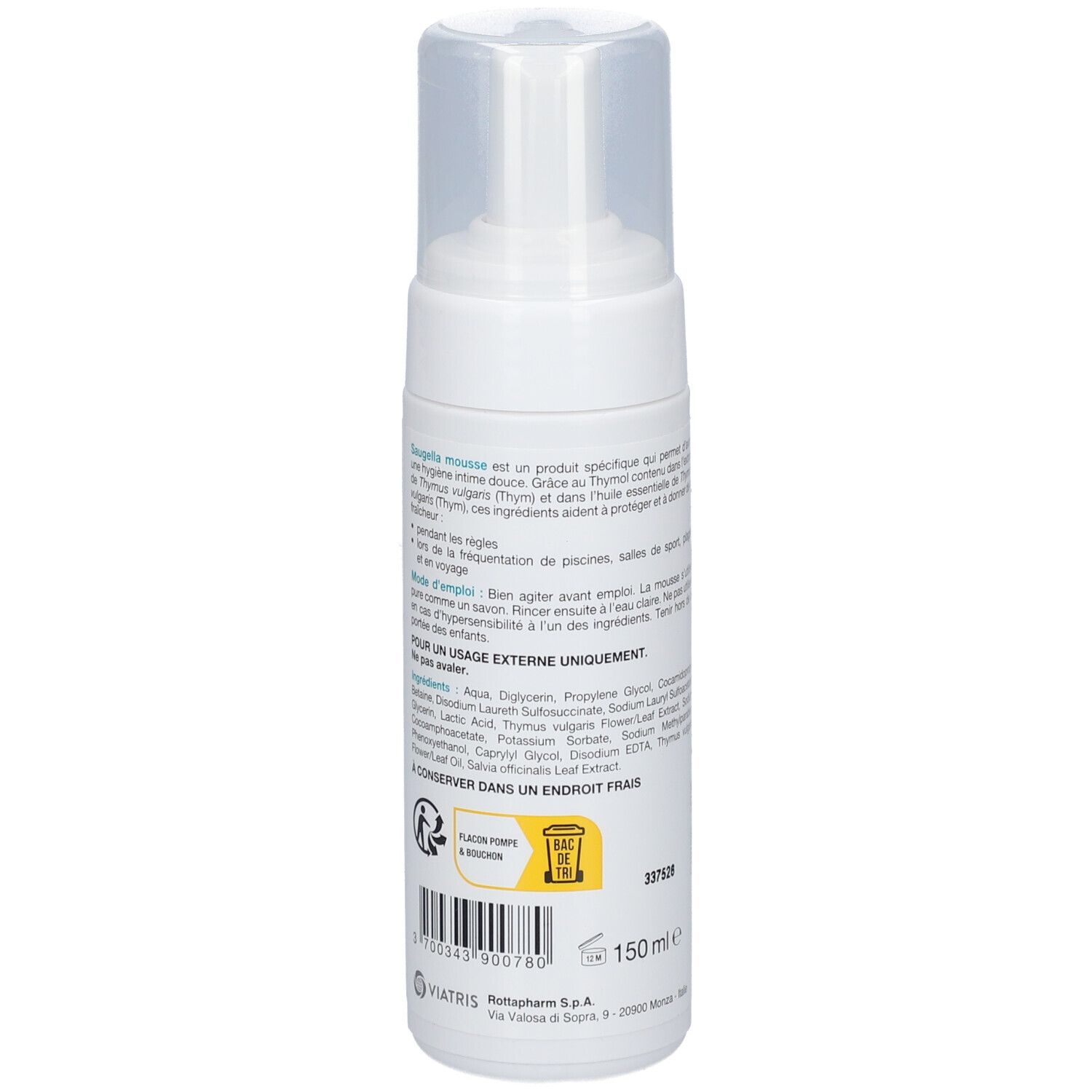 Saugella - Mousse Antiseptique - Soin lavant pour rétablir l’équilibre de la zone intime - à base d'extrait de thym - Apaise les irritations et les démangeaisons intimes - Flacon pompe 150 ml