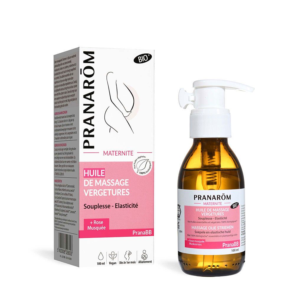 Bruine glazen fles met witte pomp en doos. Opschrift: Pranarôm, Huile de massage vergetures, Bio. Zwangerschapsolie.