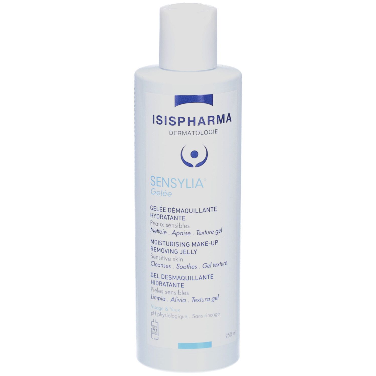 Witte fles ISISPHARMA Sensylia Gelée. Voorkant met productnaam en tekst: Gelée Demaquillante Hydratante.