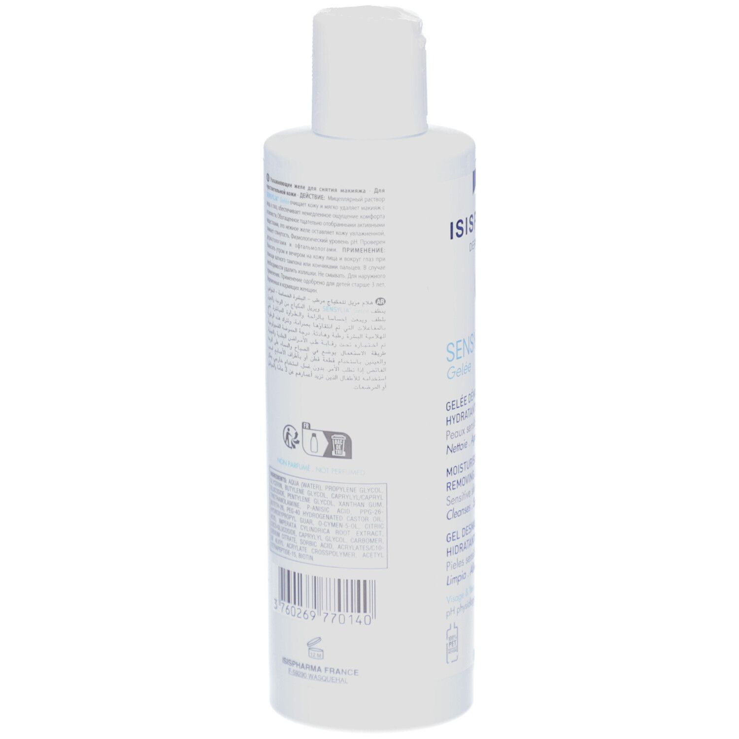 Achterkant van de witte fles ISISPHARMA Sensylia Gelée. Tekst en barcode op het etiket.