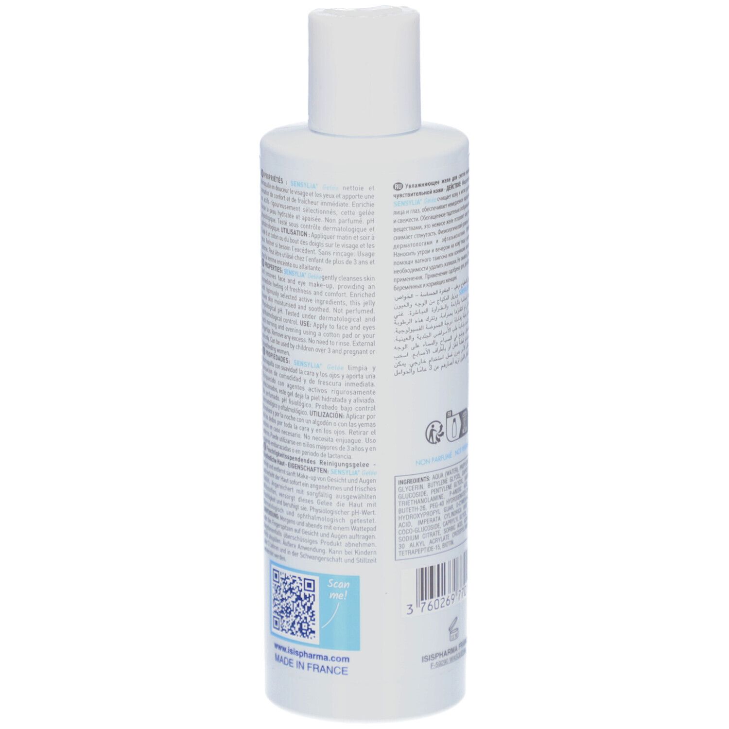 Achterkant van de witte fles ISISPHARMA Sensylia Gelée. Tekst en barcode op het etiket.