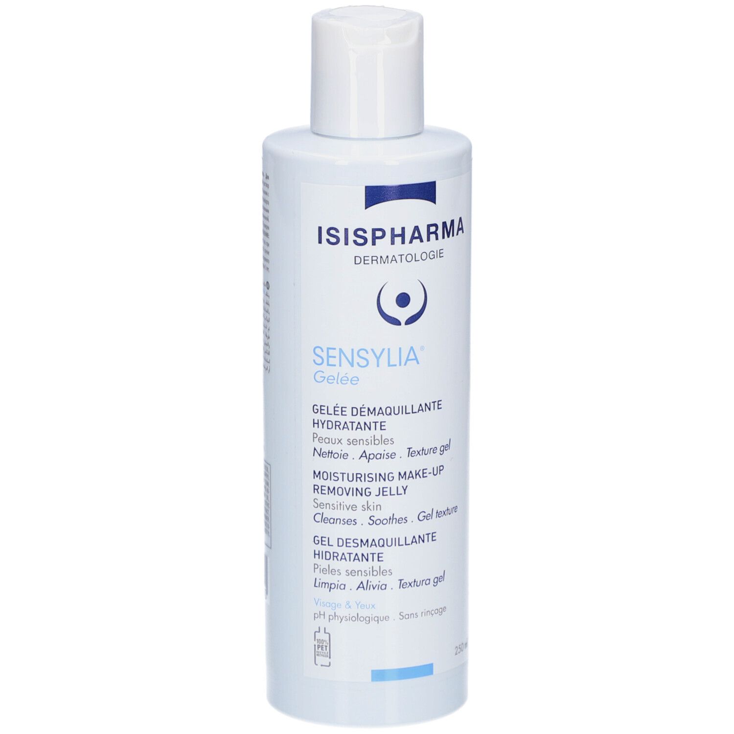 Witte fles ISISPHARMA Sensylia Gelée. Voorkant met productnaam en tekst: Gelée Demaquillante Hydratante.