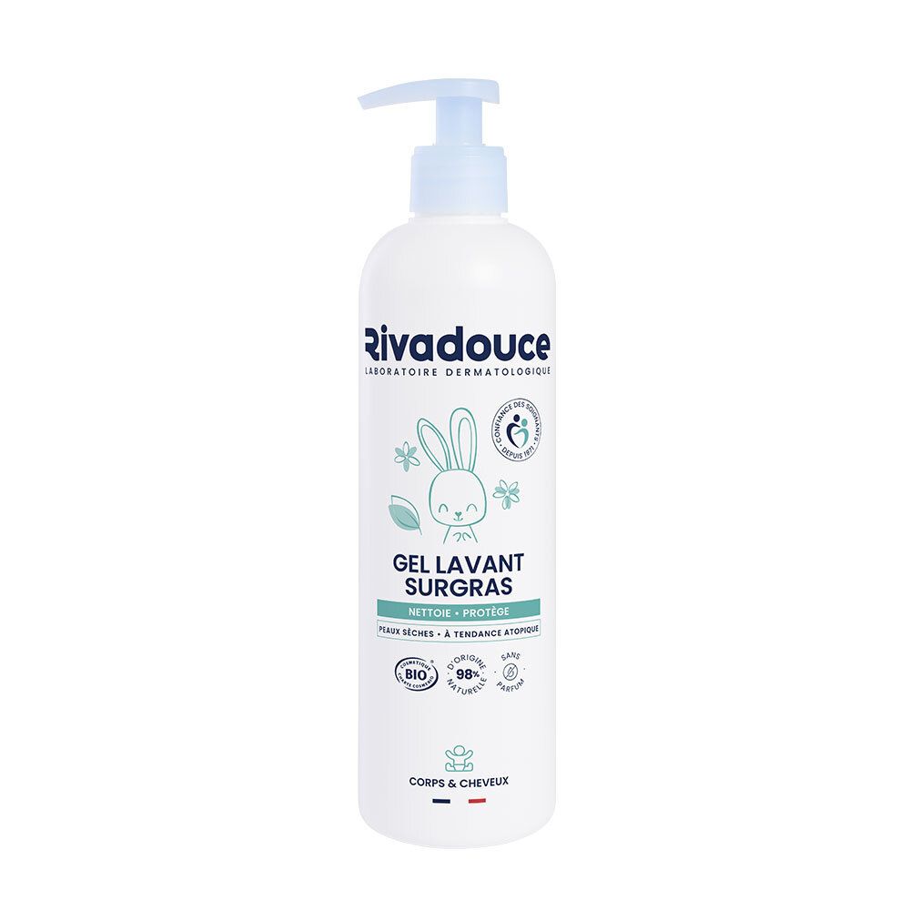 Witte fles met blauwe pomp. Opschrift Rivadouce, Gel Lavant Surgras. Konijn illustratie en bio-label.