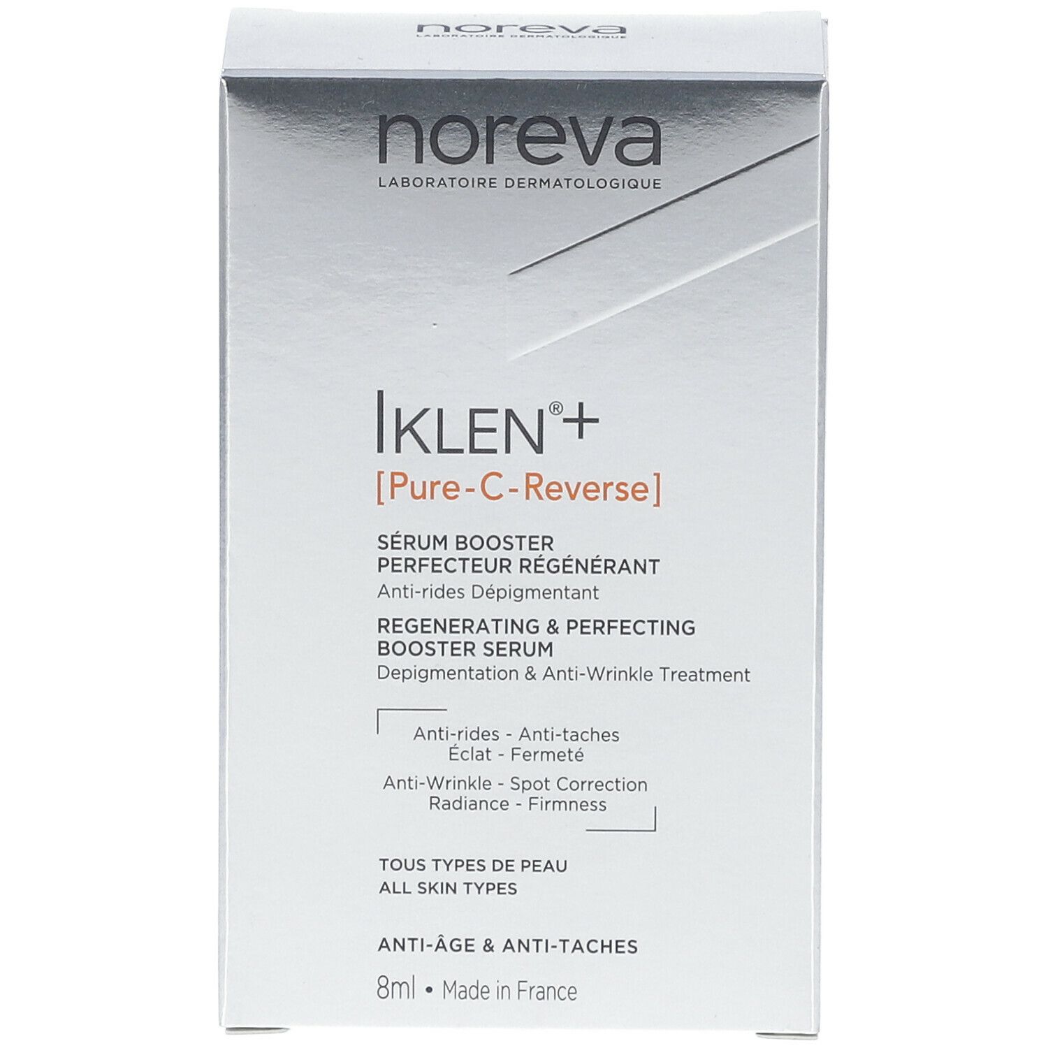 Productverpakking met naam en details. Merk: noreva.