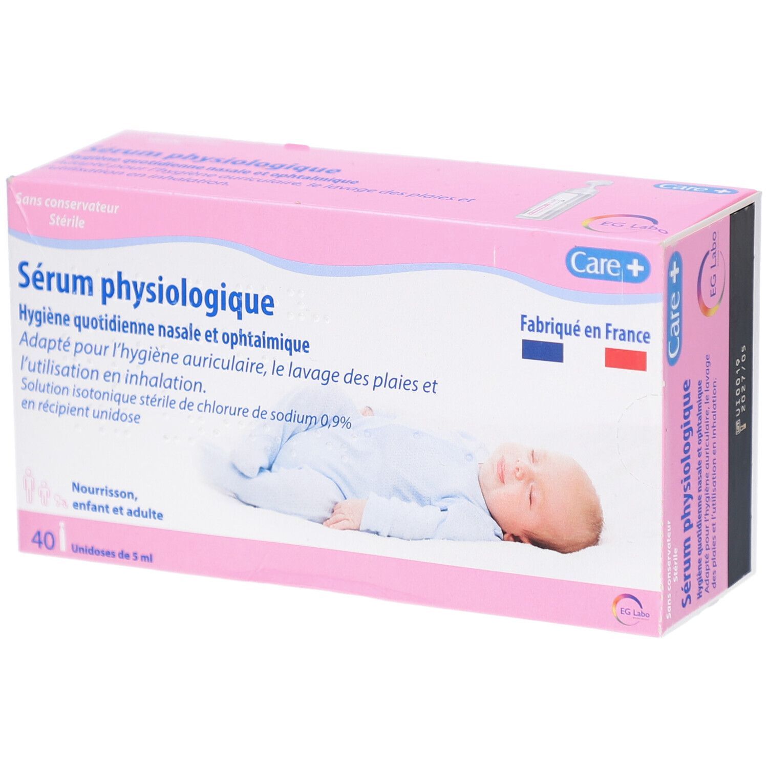 Roze doos. Opschrift: Sérum physiologique. 40 unidoses. Baby afbeelding. Care+ logo. Fabriqué en France.
