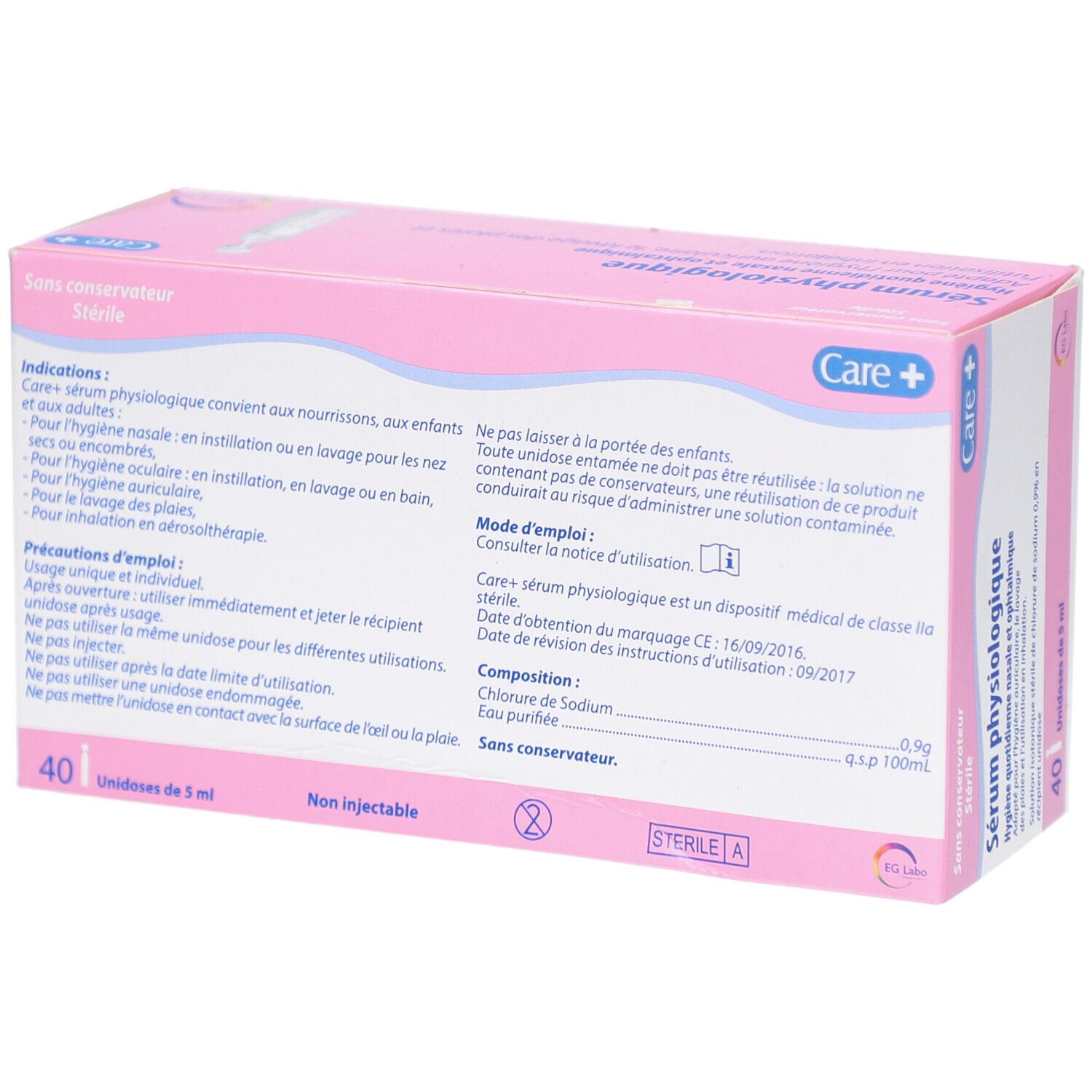 Roze doos. Opschrift: Sérum physiologique. 40 unidoses. Care+ logo. Achterkant met tekst.