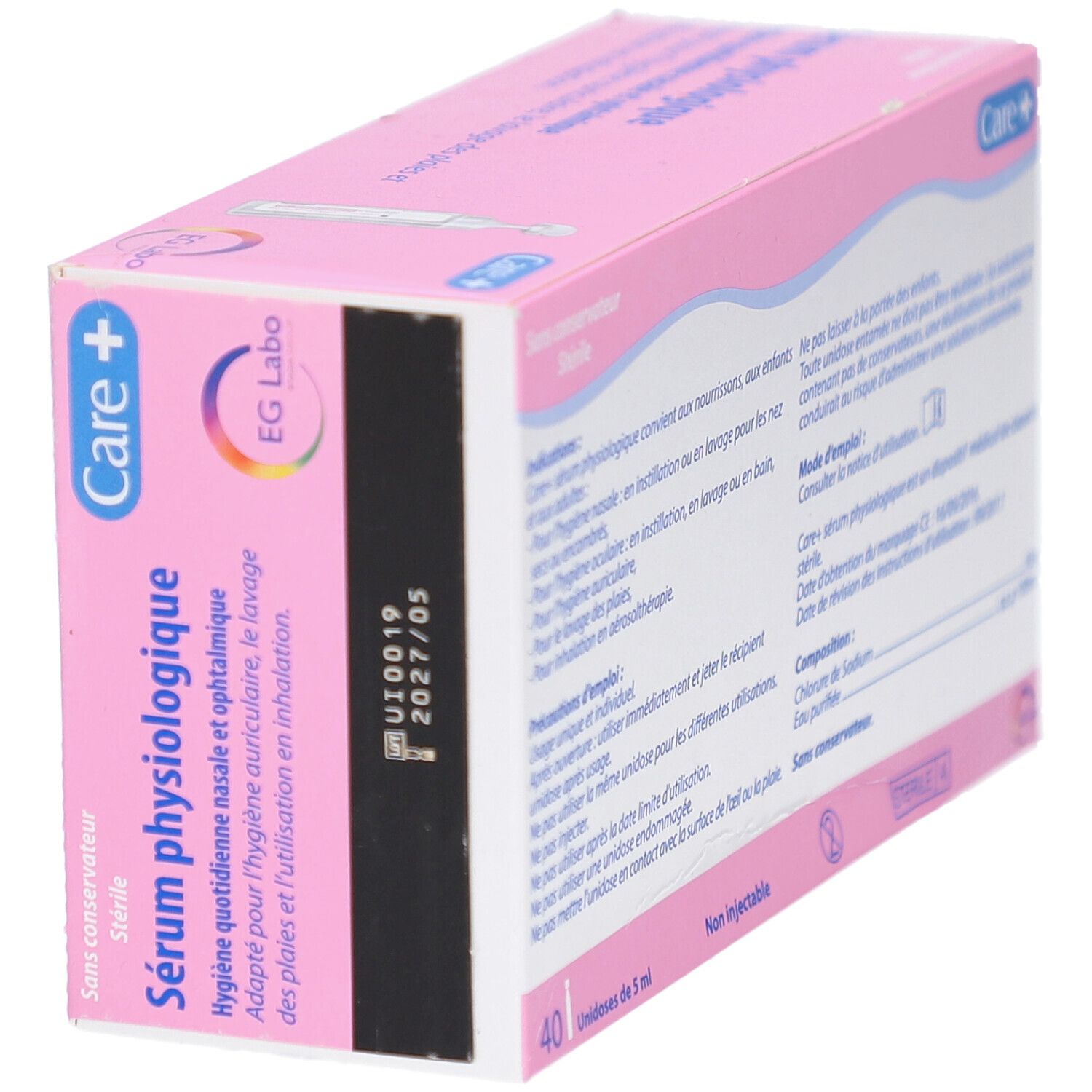 Roze doos. Opschrift: Sérum physiologique. 40 unidoses. Care+ logo. Code en vervaldatum.