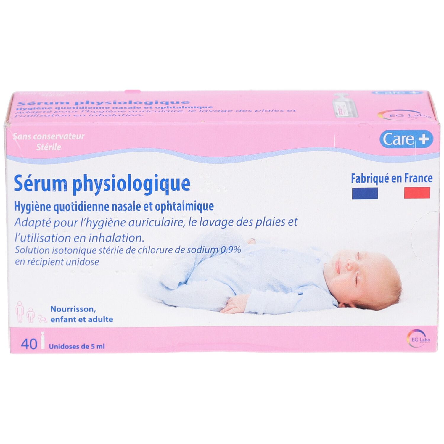 Roze doos. Opschrift: Sérum physiologique. 40 unidoses. Baby afbeelding. Care+ logo. Fabriqué en France.