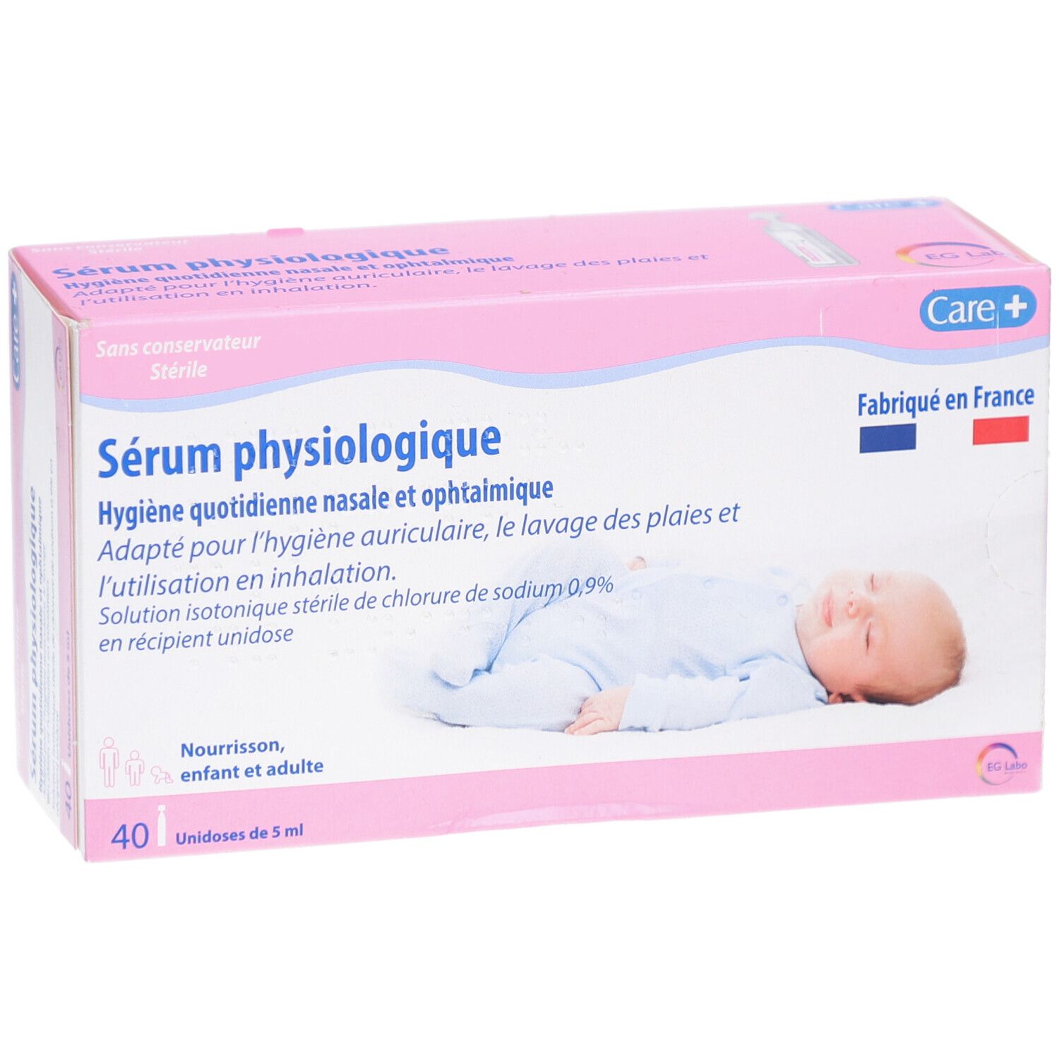 Roze doos. Opschrift: Sérum physiologique. 40 unidoses. Baby afbeelding. Care+ logo. Fabriqué en France.