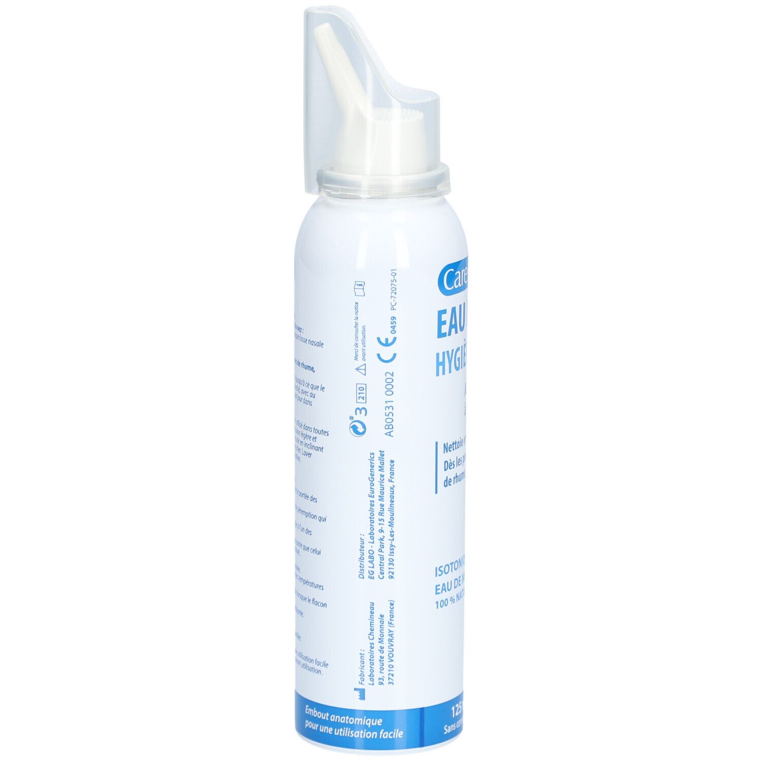 Achterkant van de witte fles met neusspray-opzetstuk. Tekst en logo's. 125 ml. Zonder bewaarmiddelen.
