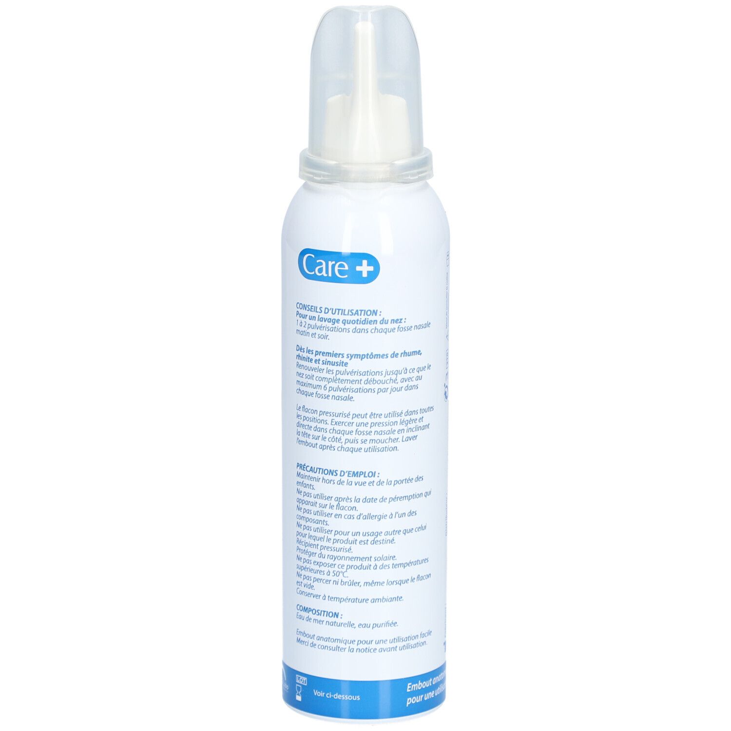 Achterkant van de witte fles met neusspray-opzetstuk. Tekst met gebruiksaanwijzing en voorzorgsmaatregelen. 125 ml.