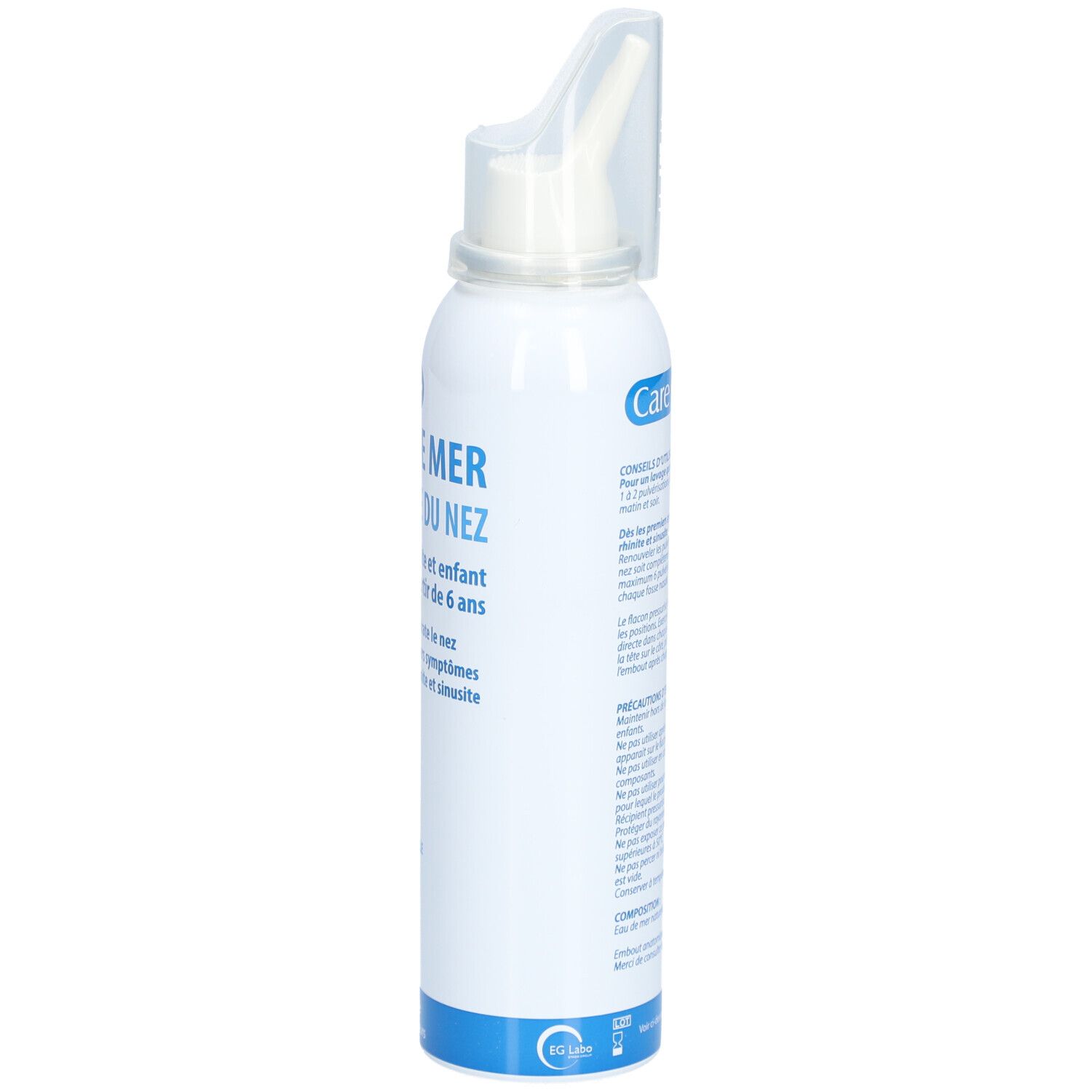 Witte fles met neusspray-opzetstuk. Opschrift: CARE+ Eau de mer Hygiène du nez. Voor volwassenen en kinderen vanaf 6 jaar.