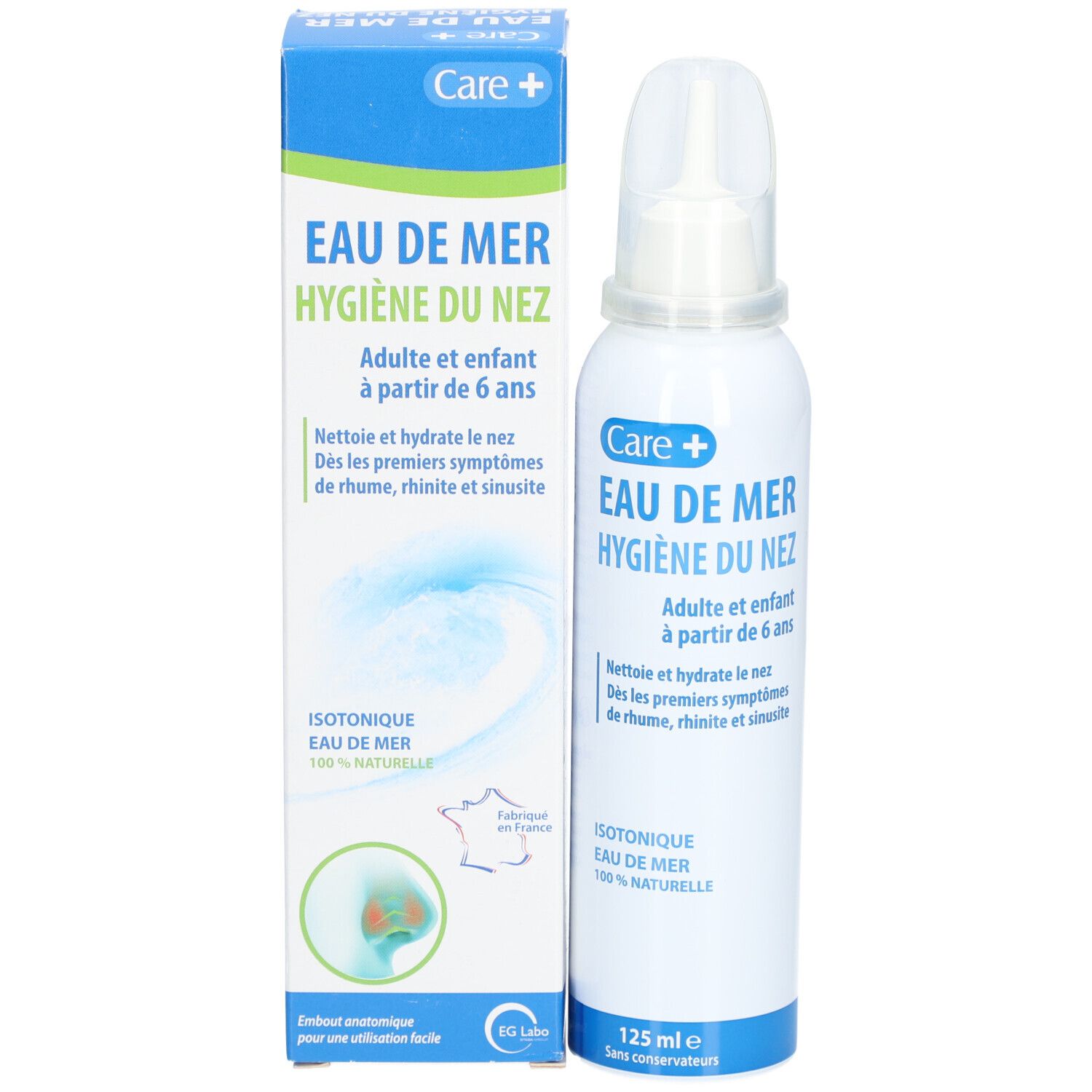 Productverpakking en fles. Opschrift: CARE+ Eau de mer Hygiène du nez. Voor volwassenen en kinderen vanaf 6 jaar. 125 ml.